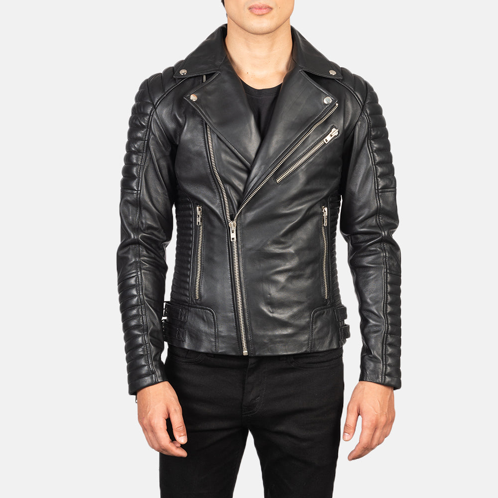 Armand Black Leather Biker Jacket - men's jacket in black sheepskin leather, view 1