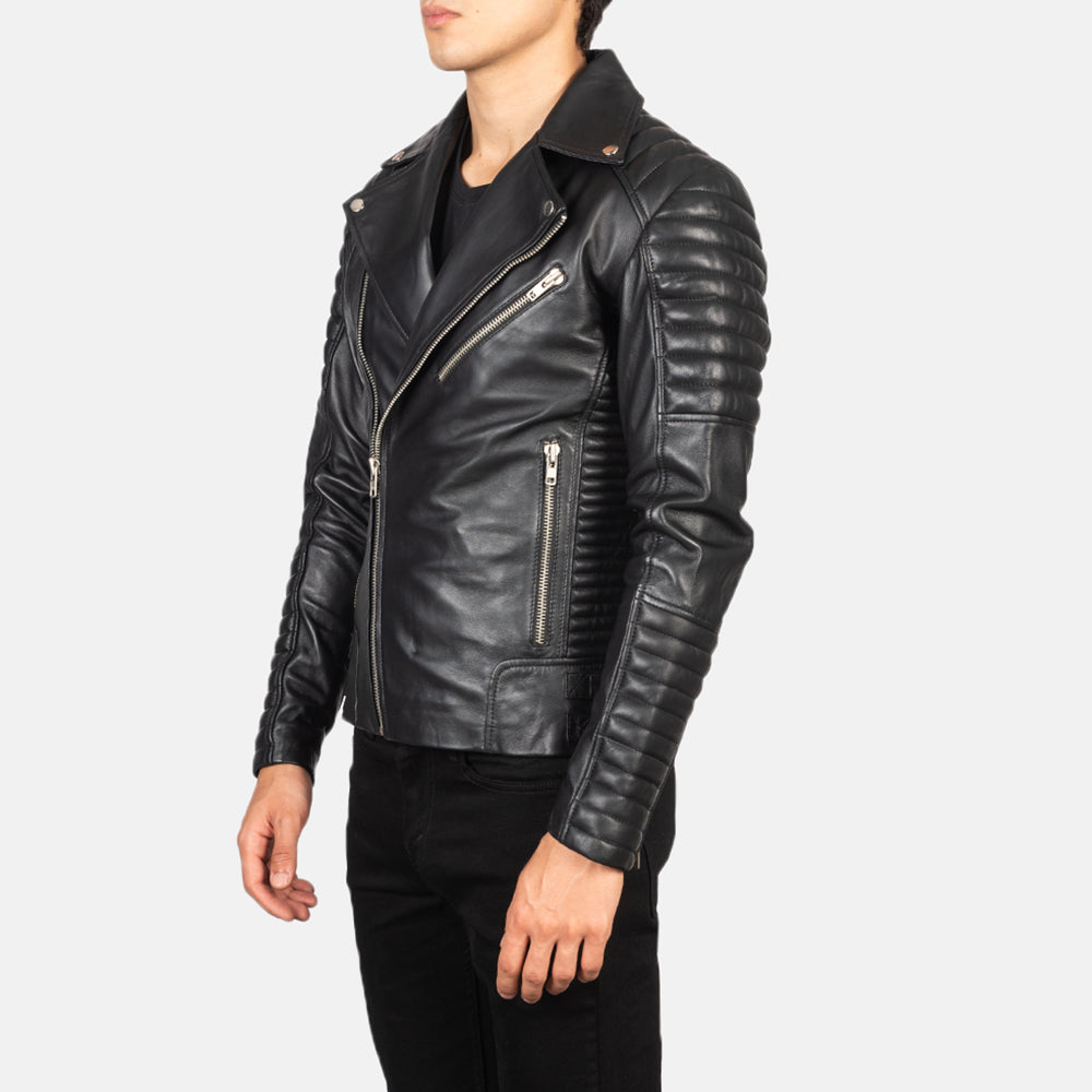 Armand Black Leather Biker Jacket - men's jacket in black sheepskin leather, view 2