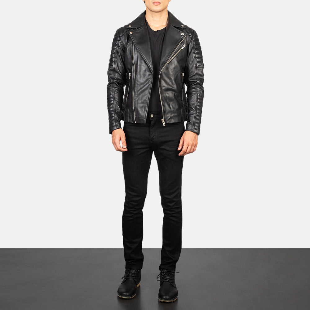 Armand Black Leather Biker Jacket - men's jacket in black sheepskin leather, view 3