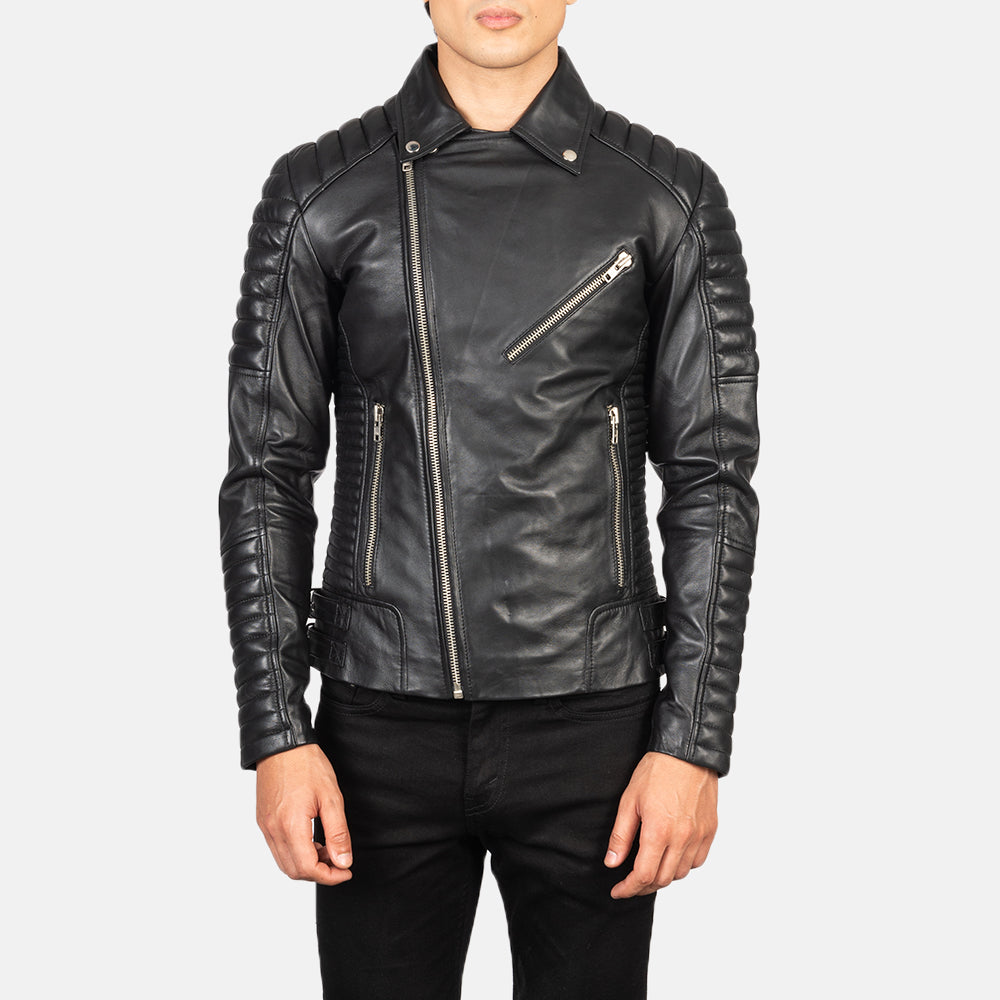 Armand Black Leather Biker Jacket - men's jacket in black sheepskin leather, view 4