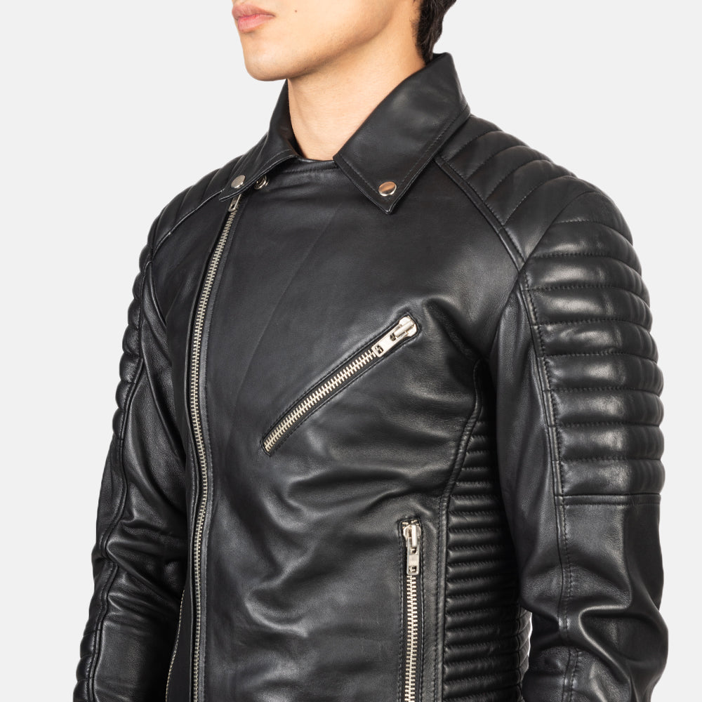 Armand Black Leather Biker Jacket - men's jacket in black sheepskin leather, view 6