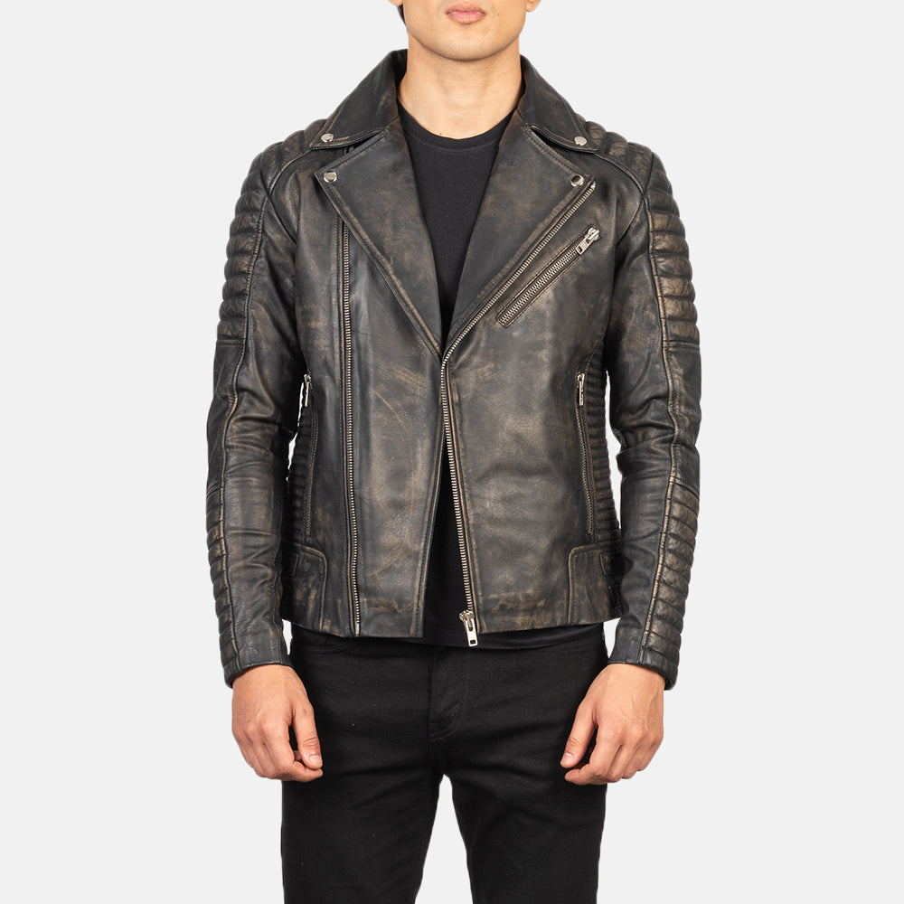 Armand Distressed Brown Leather Biker Jacket - men's jacket in brown goatskin leather, view 1