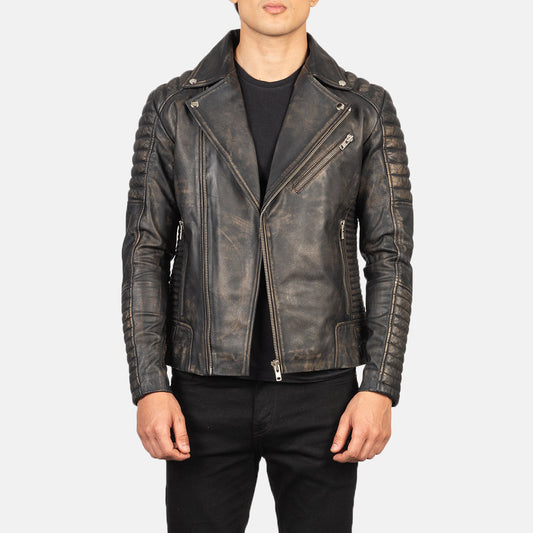 Armand Distressed Brown Leather Biker Jacket - men's jacket in brown goatskin leather, view 1