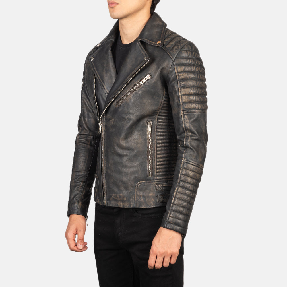 Armand Distressed Brown Leather Biker Jacket - men's jacket in brown goatskin leather, view 2