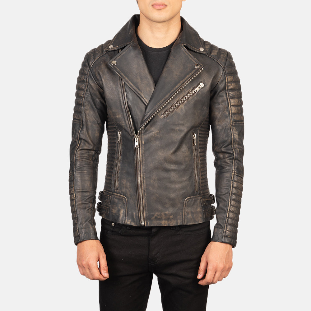 Armand Distressed Brown Leather Biker Jacket - men's jacket in brown goatskin leather, view 3