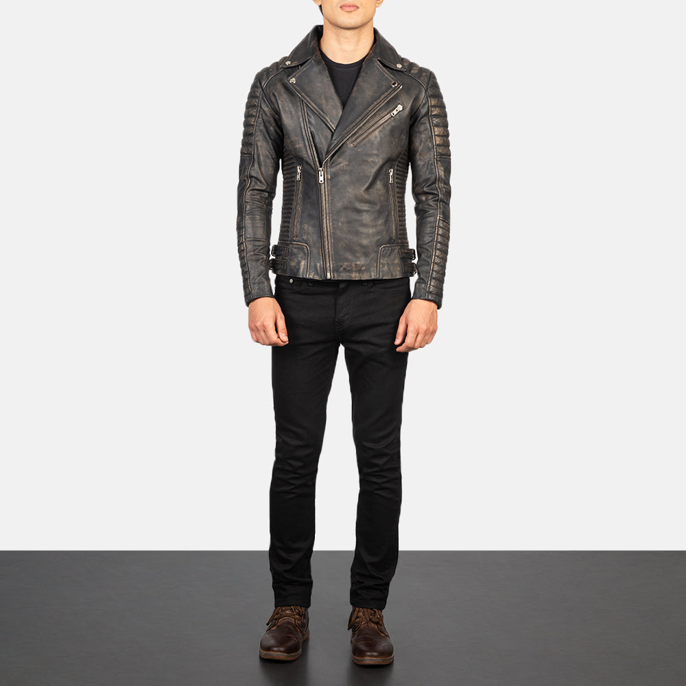 Armand Distressed Brown Leather Biker Jacket - men's jacket in brown goatskin leather, view 4