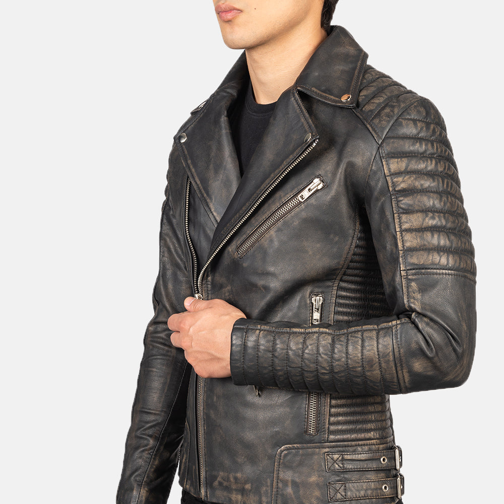 Armand Distressed Brown Leather Biker Jacket - men's jacket in brown goatskin leather, view 5