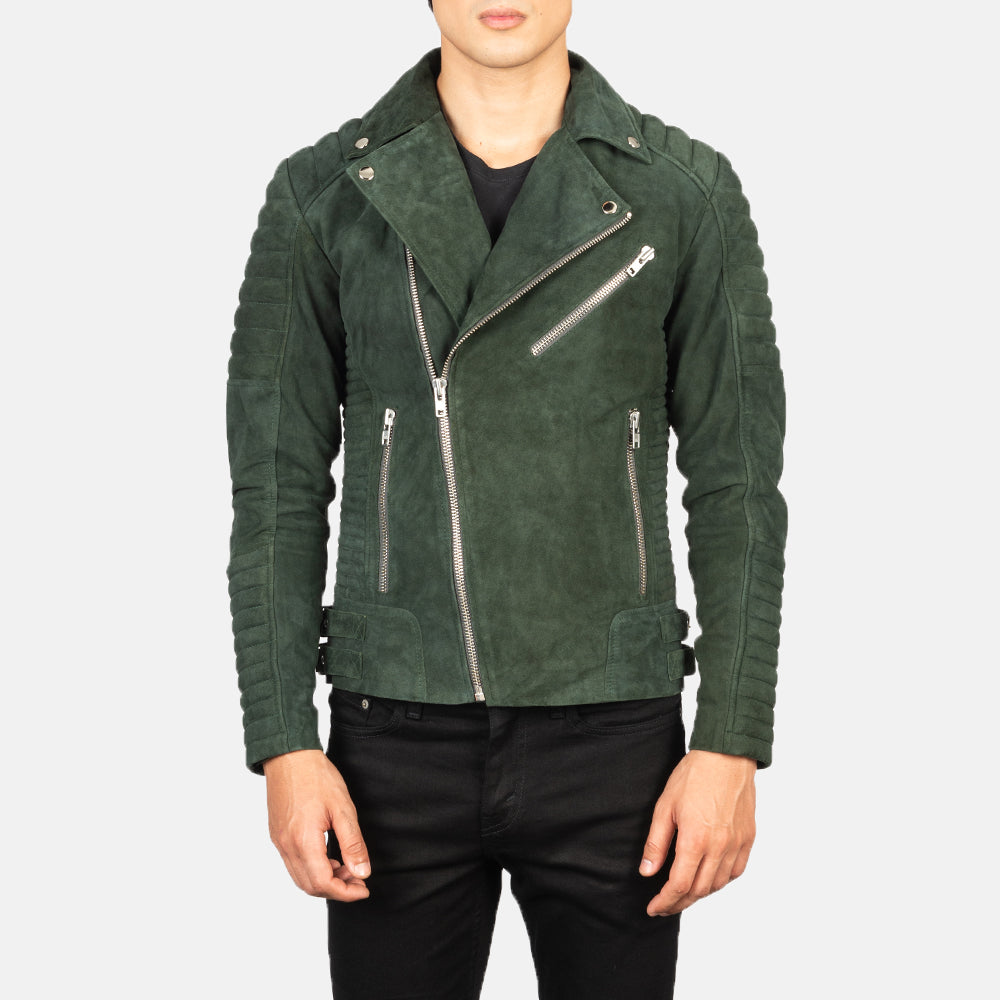 Armand Green Suede Biker Jacket - men's jacket in green suede leather, view 1
