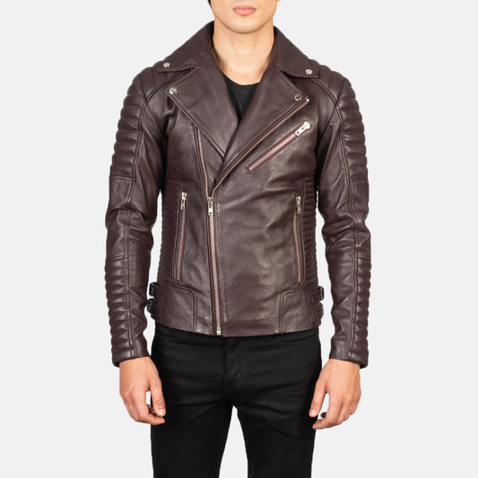 Armand Maroon Leather Biker Jacket - men's jacket in maroon sheepskin leather, view 1