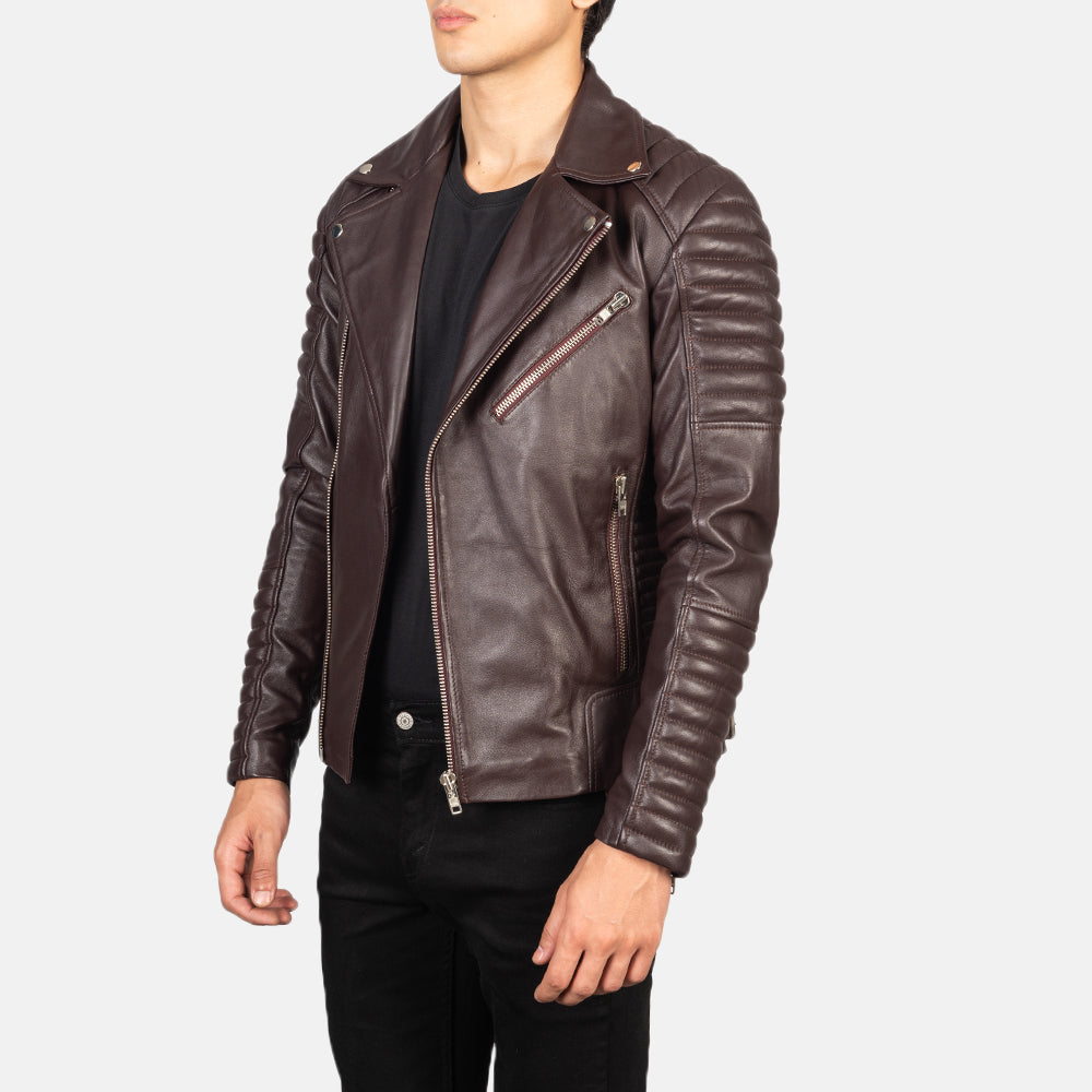 Armand Maroon Leather Biker Jacket - men's jacket in maroon sheepskin leather, view 2