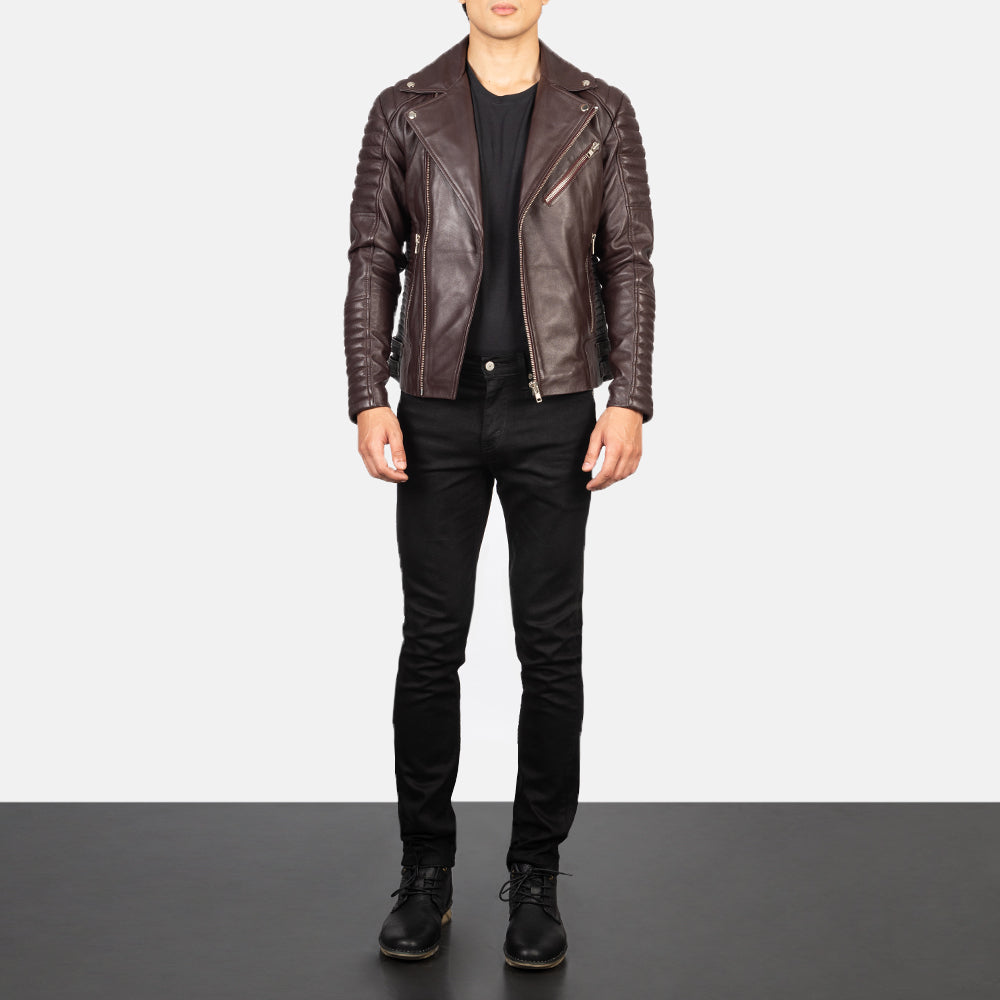 Armand Maroon Leather Biker Jacket - men's jacket in maroon sheepskin leather, view 3