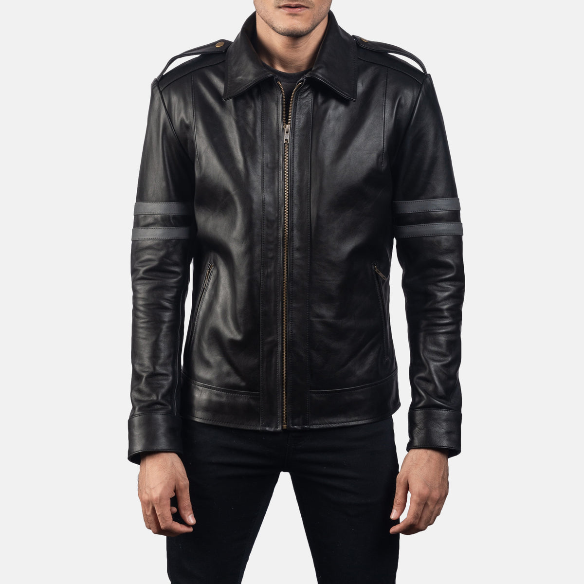 Armstrong Black Leather Biker Jacket - men's jacket in black cowhide leather, view 1