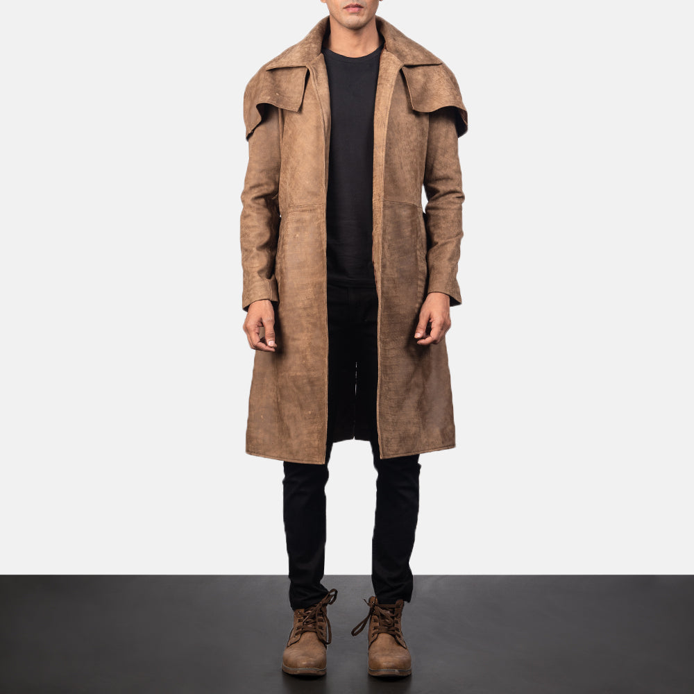 Army Brown Leather Duster - men's duster in brown sheepskin leather, view 1