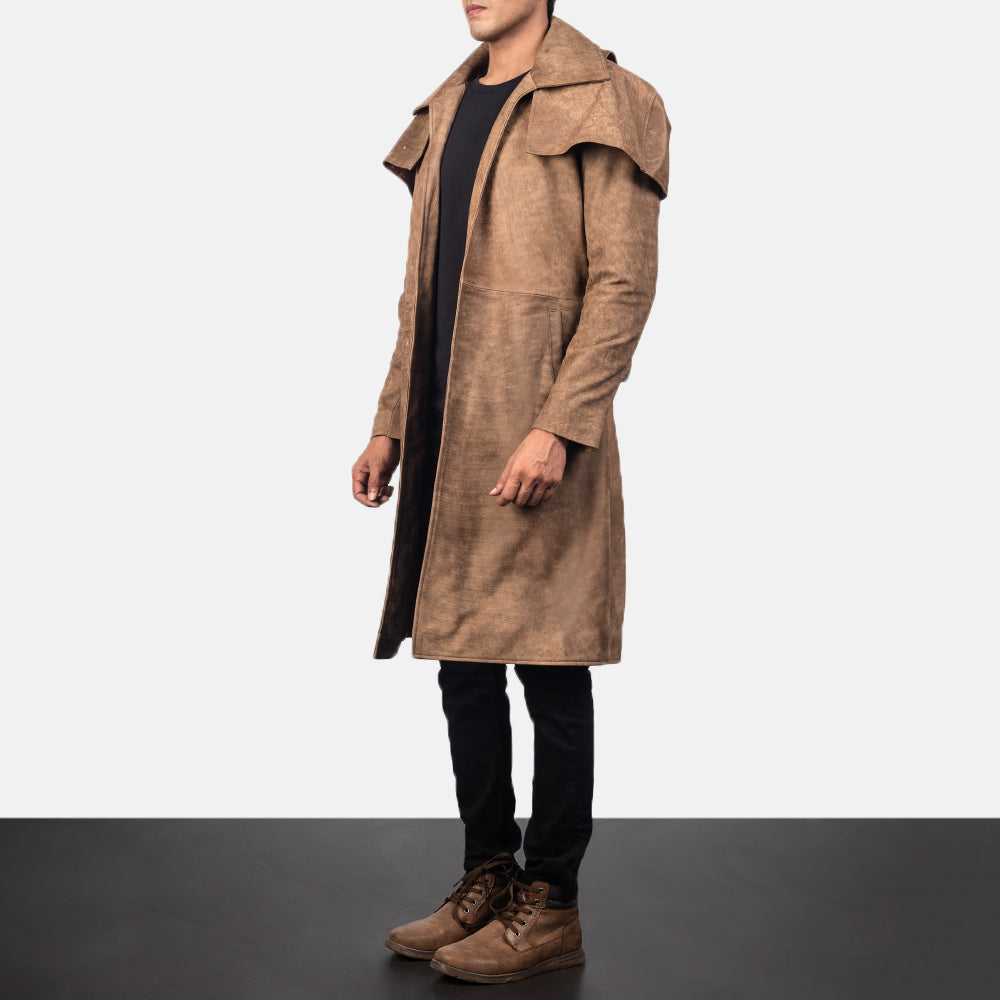 Army Brown Leather Duster - men's duster in brown sheepskin leather, view 2