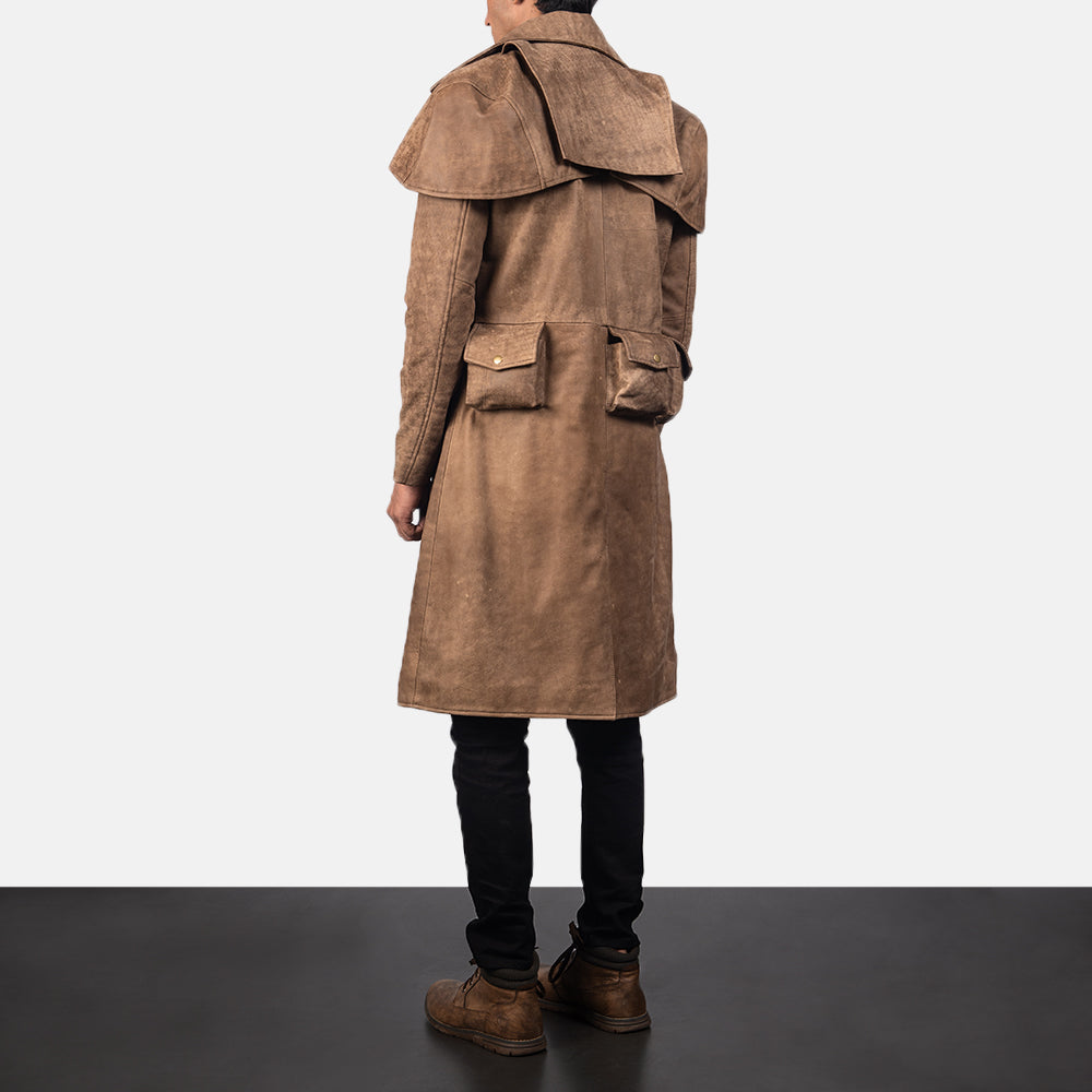 Army Brown Leather Duster - men's duster in brown sheepskin leather, view 3