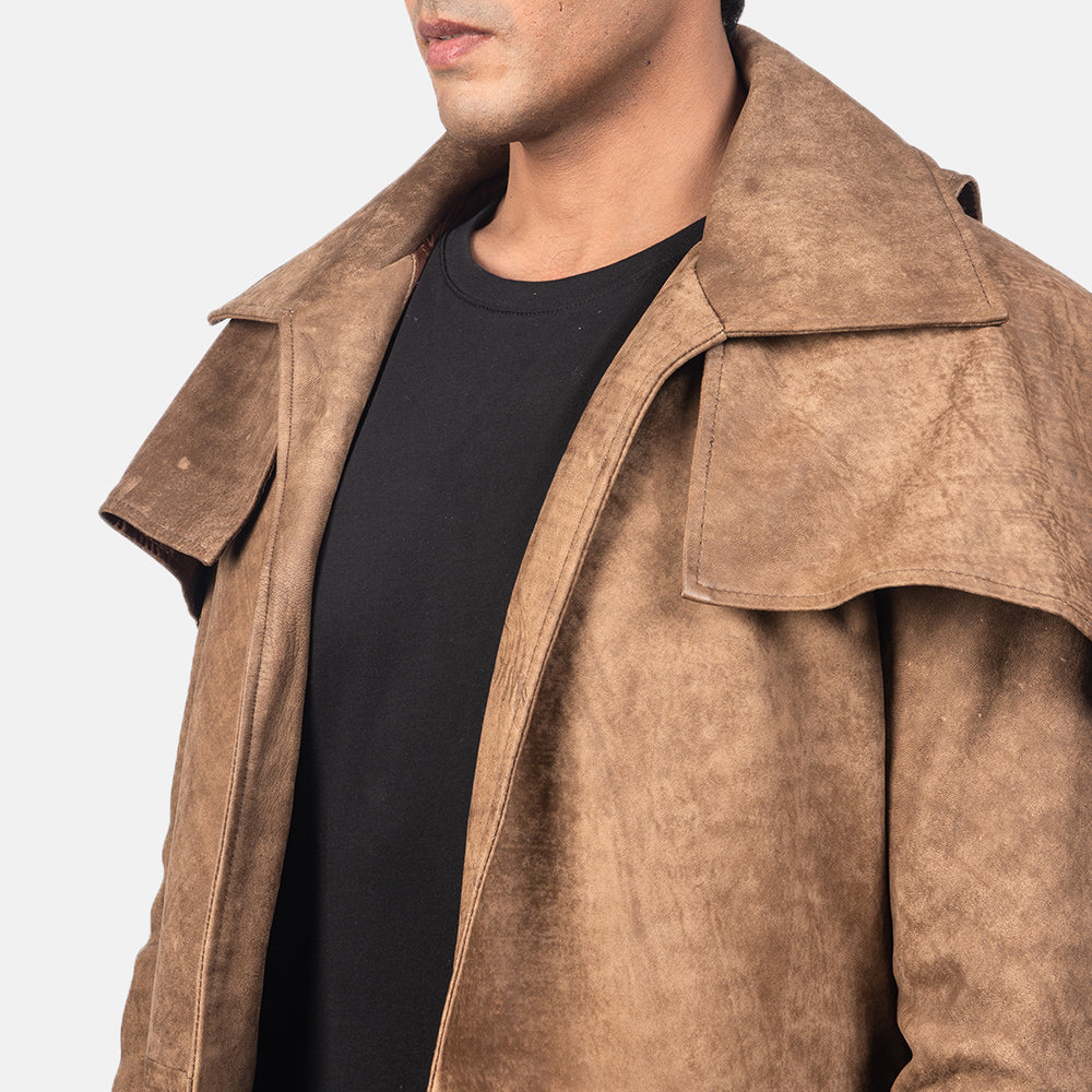 Army Brown Leather Duster - men's duster in brown sheepskin leather, view 4