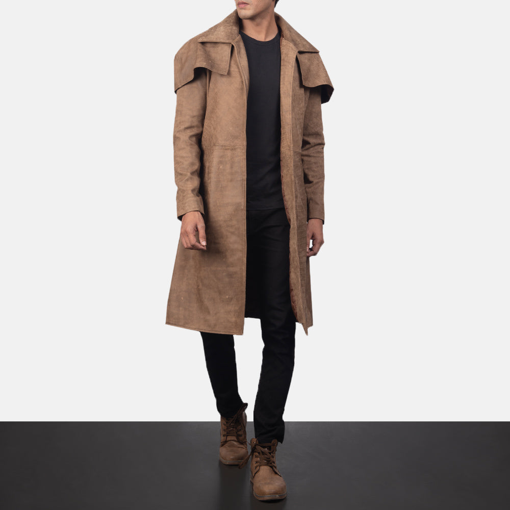Army Brown Leather Duster - men's duster in brown sheepskin leather, view 6