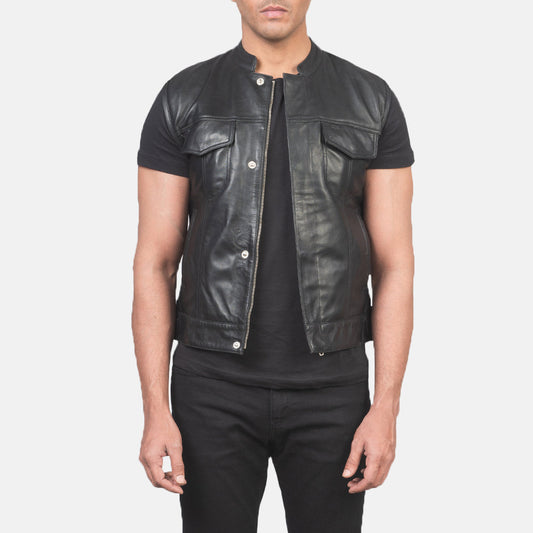 Atlas Moto Black Leather Vest - men's vest in black leather, view 1