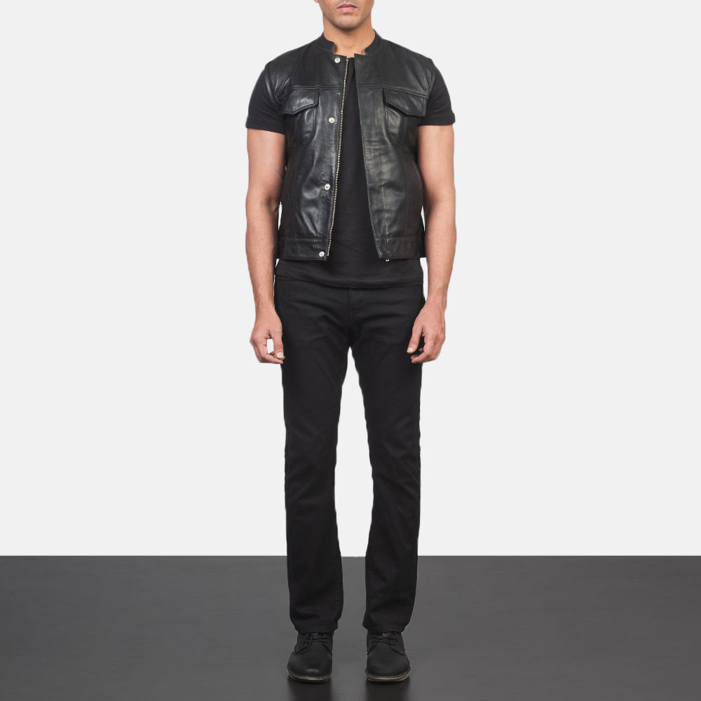 Atlas Moto Black Leather Vest - men's vest in black leather, view 3