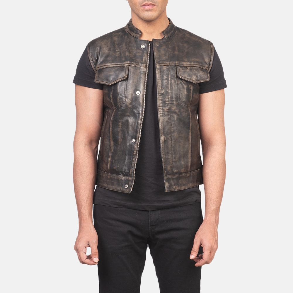 Atlas Moto Distressed Brown Leather Vest - men's vest in brown sheepskin leather, view 1