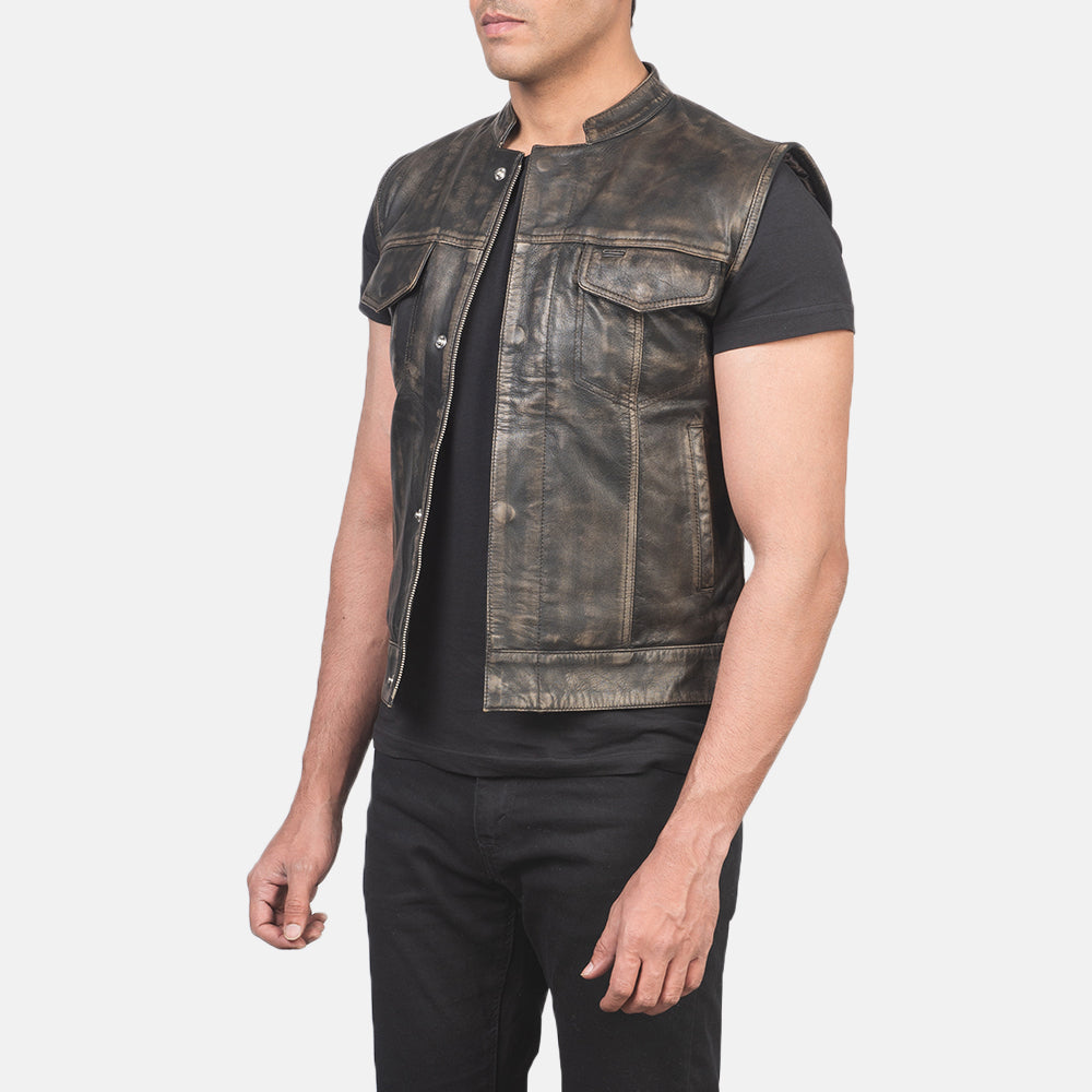 Atlas Moto Distressed Brown Leather Vest - men's vest in brown sheepskin leather, view 2