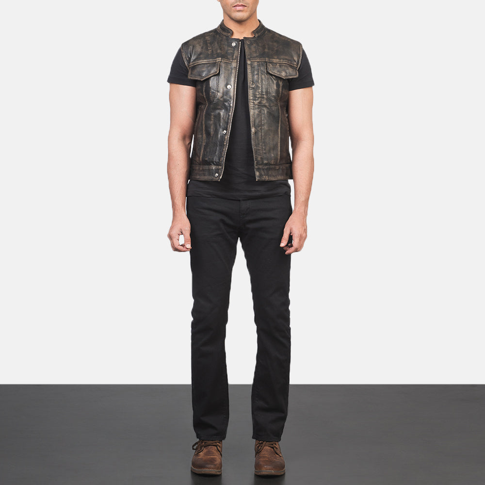 Atlas Moto Distressed Brown Leather Vest - men's vest in brown sheepskin leather, view 3