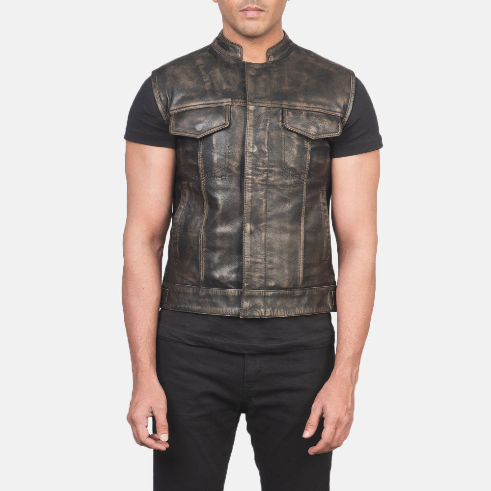 Atlas Moto Distressed Brown Leather Vest - men's vest in brown sheepskin leather, view 4