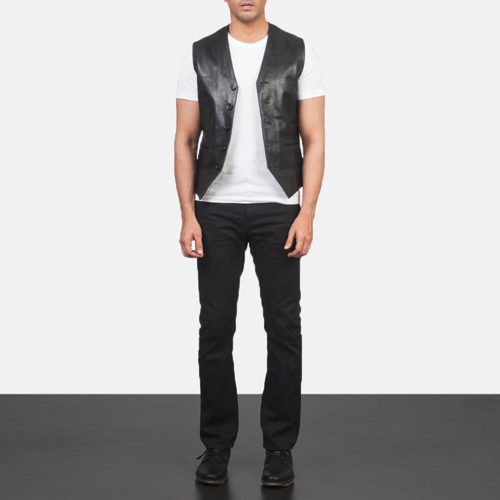 Auden Black Leather Vest - men's vest in black cowhide leather, view 3