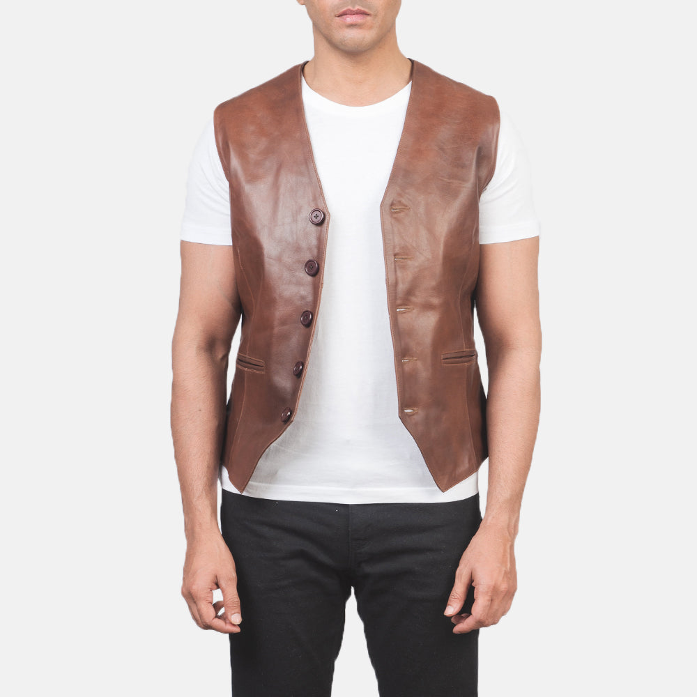 Auden Brown Leather Vest - men's vest in brown cowhide leather, view 1