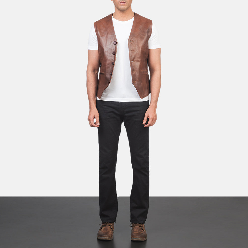 Auden Brown Leather Vest - men's vest in brown cowhide leather, view 3