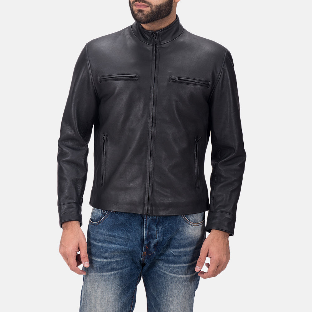 Austere Matte Black Leather Biker Jacket - men's jacket in black calfskin leather, view 1