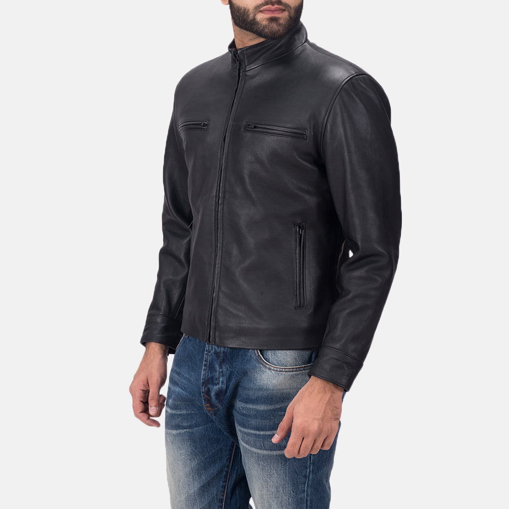 Austere Matte Black Leather Biker Jacket - men's jacket in black calfskin leather, view 2
