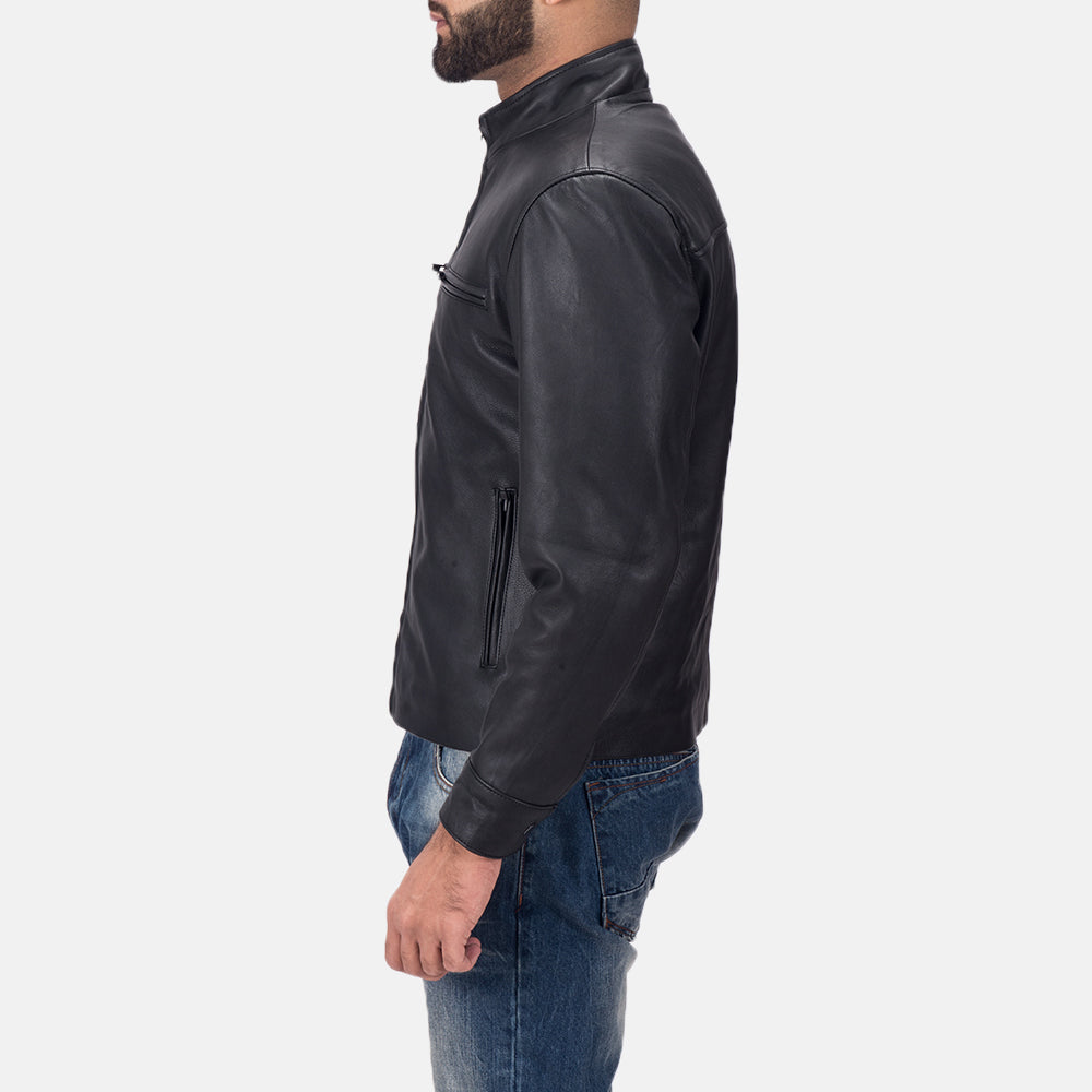 Austere Matte Black Leather Biker Jacket - men's jacket in black calfskin leather, view 3
