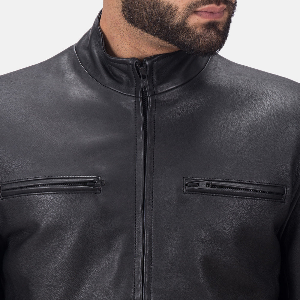 Austere Matte Black Leather Biker Jacket - men's jacket in black calfskin leather, view 4