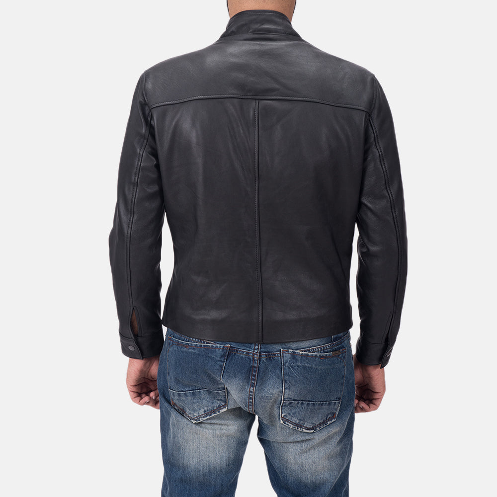 Austere Matte Black Leather Biker Jacket - men's jacket in black calfskin leather, view 5