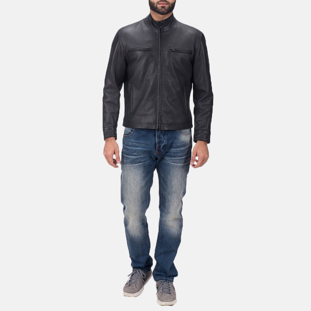 Austere Matte Black Leather Biker Jacket - men's jacket in black calfskin leather, view 6