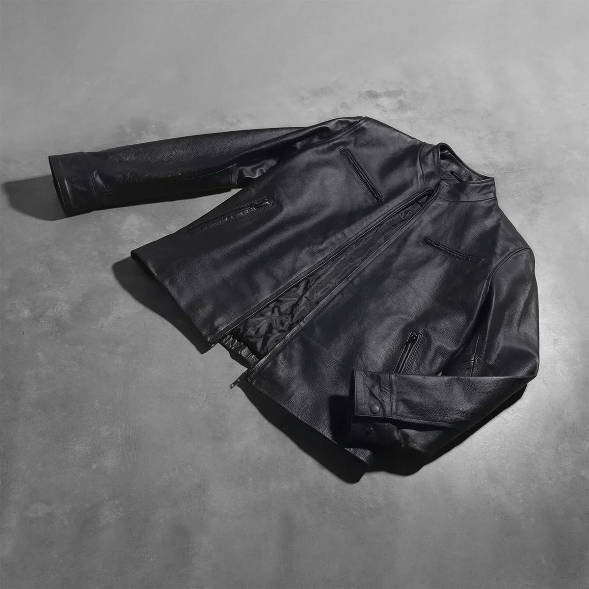 Austere Matte Black Leather Biker Jacket - men's jacket in black calfskin leather, view 7