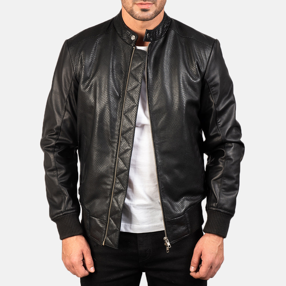 Avan Black Leather Bomber Jacket - men's jacket in black cowhide leather, view 1