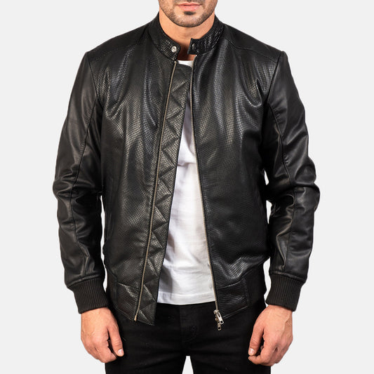 Avan Black Leather Bomber Jacket - men's jacket in black cowhide leather, view 1