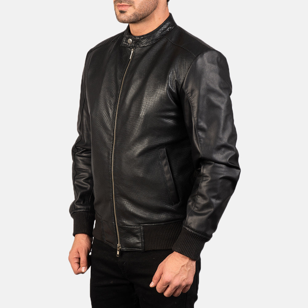 Avan Black Leather Bomber Jacket - men's jacket in black cowhide leather, view 2