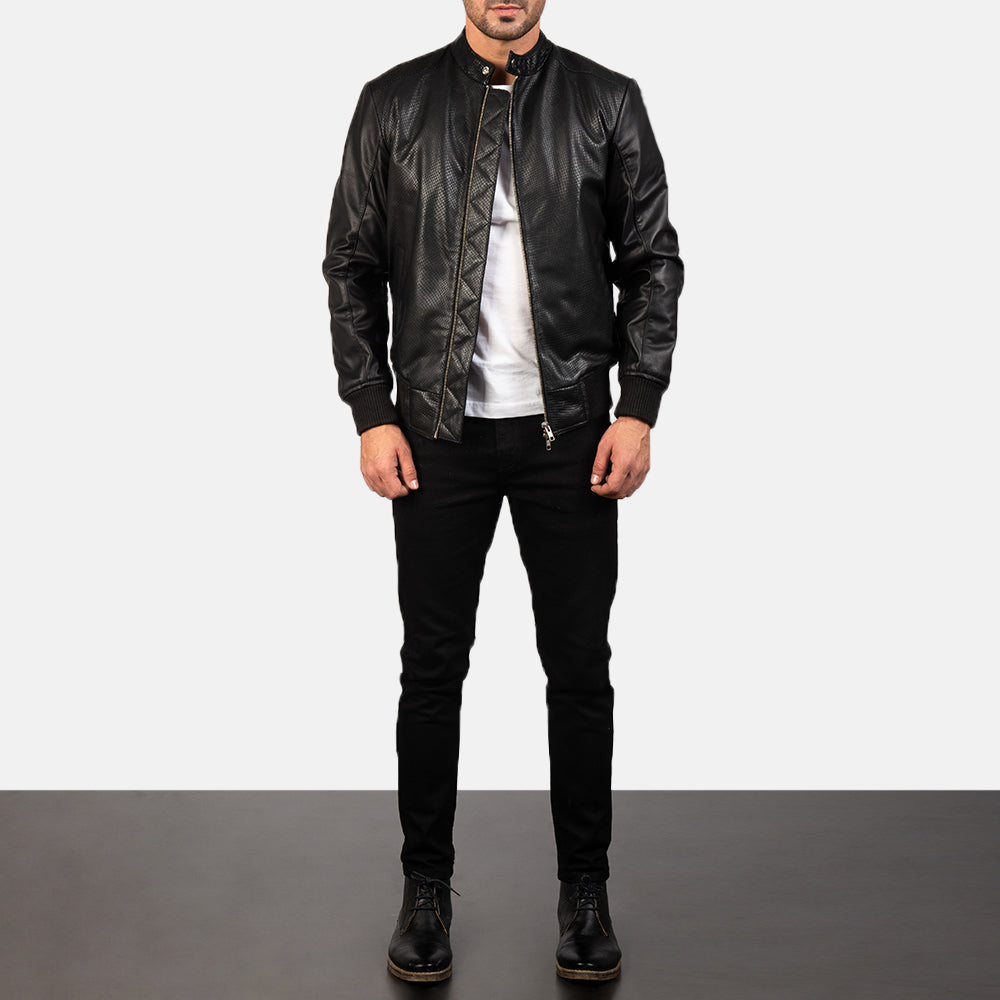 Avan Black Leather Bomber Jacket - men's jacket in black cowhide leather, view 3