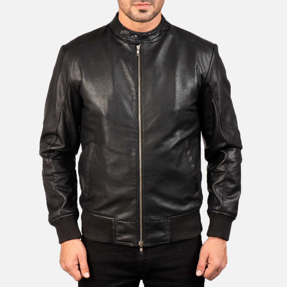 Avan Black Leather Bomber Jacket - men's jacket in black cowhide leather, view 4