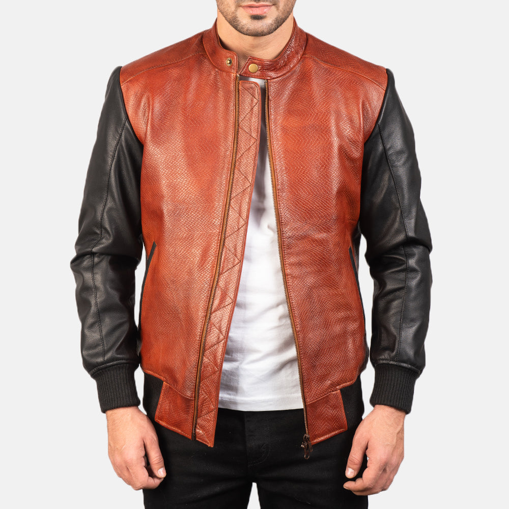 Avan Black & Maroon Leather Bomber Jacket - men's jacket in black & maroon cowhide leather, view 1