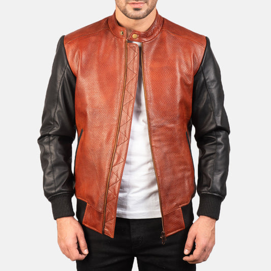 Avan Black & Maroon Leather Bomber Jacket - men's jacket in black & maroon cowhide leather, view 1