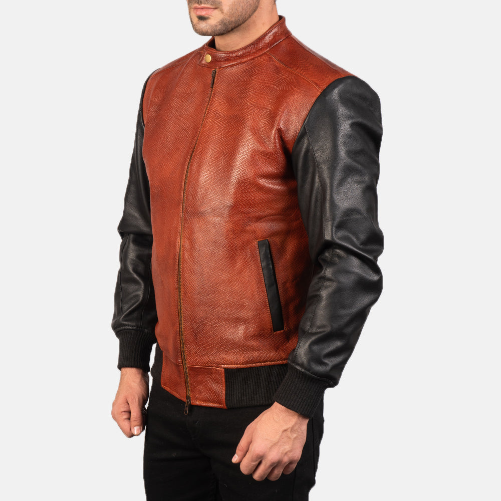 Avan Black & Maroon Leather Bomber Jacket - men's jacket in black & maroon cowhide leather, view 2