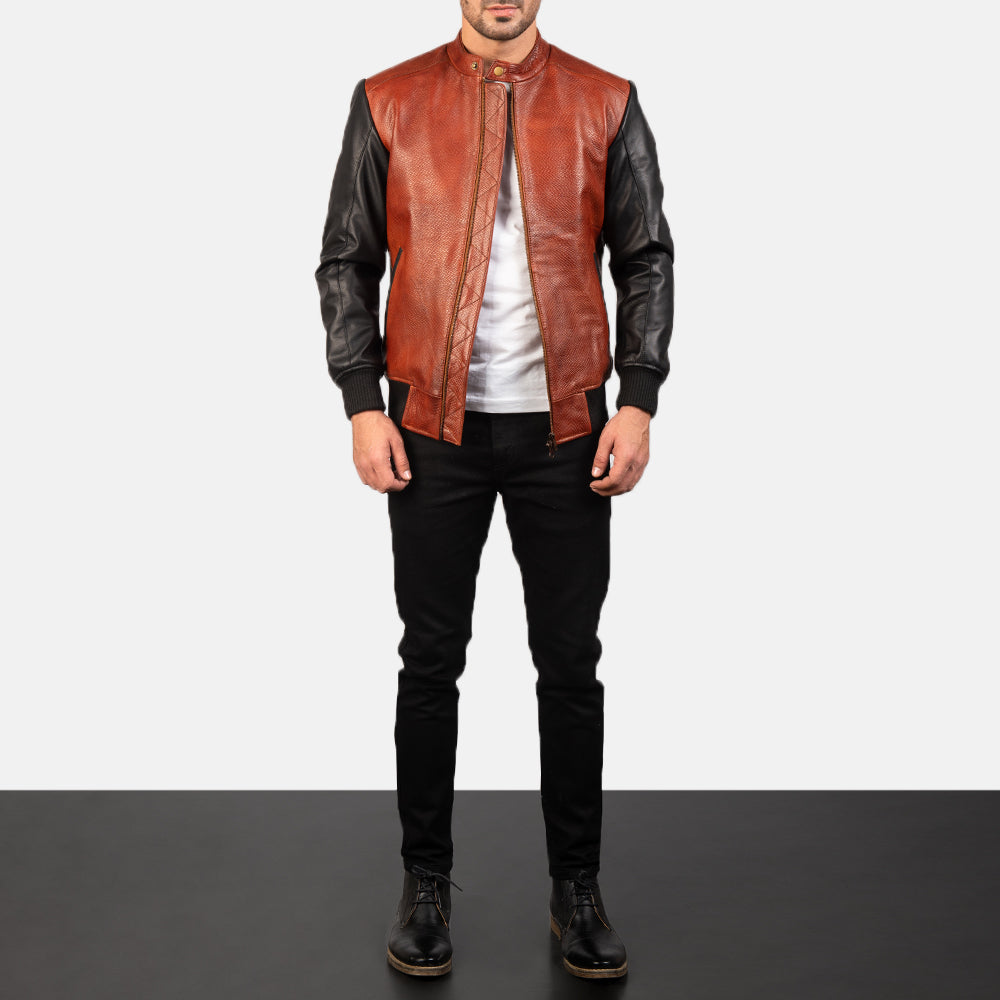 Avan Black & Maroon Leather Bomber Jacket - men's jacket in black & maroon cowhide leather, view 3