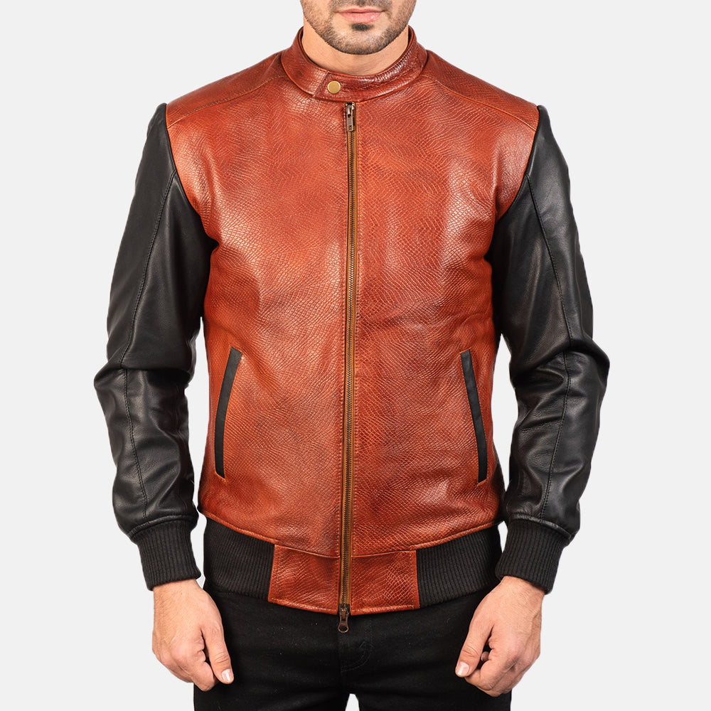 Avan Black & Maroon Leather Bomber Jacket - men's jacket in black & maroon cowhide leather, view 4