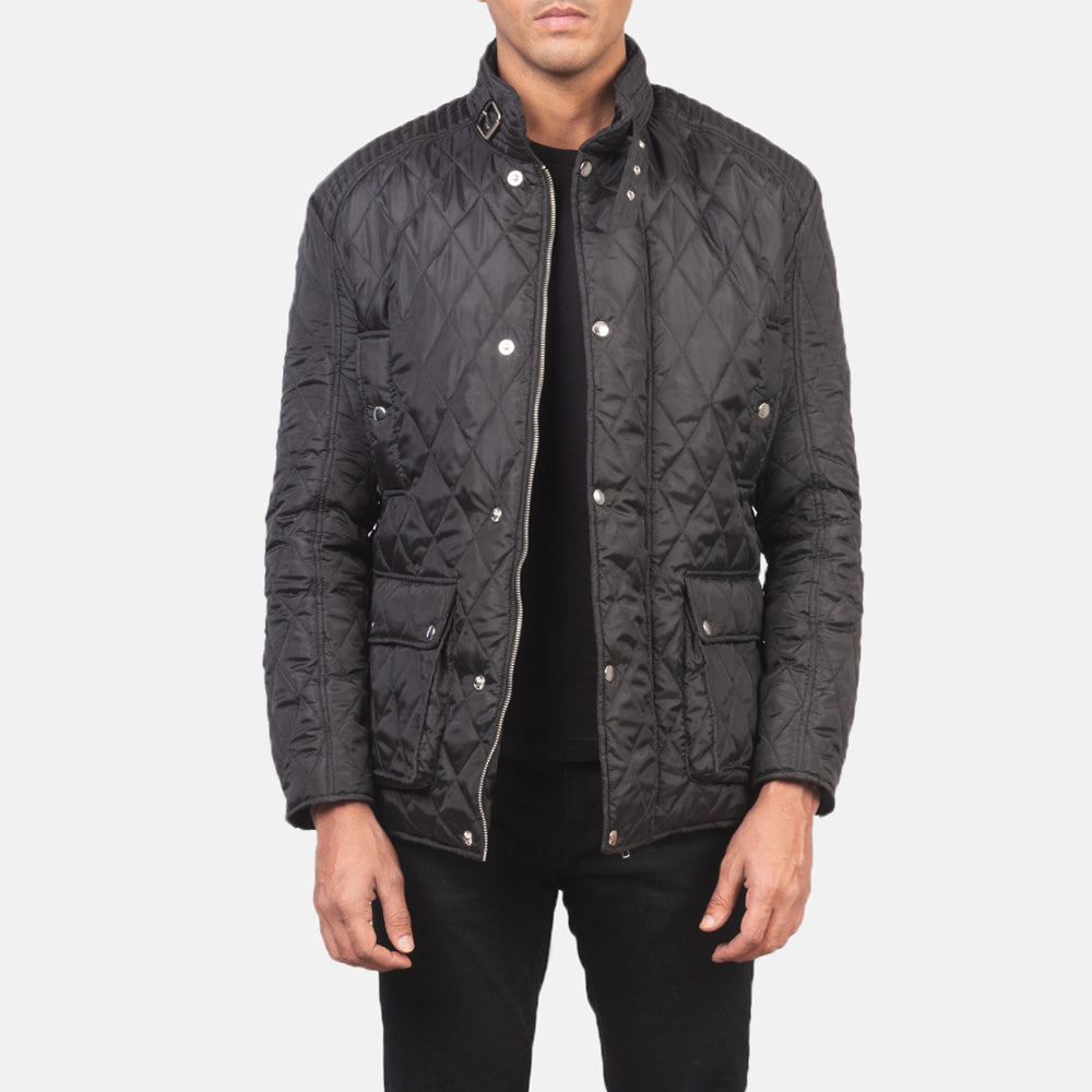 Barry Quilted Black Windbreaker Jacket - men's jacket in black nylon-polyester fabric, view 1