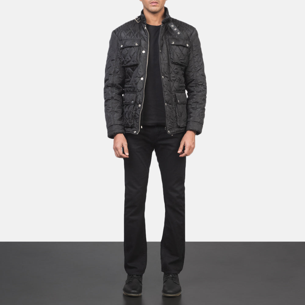 Barry Quilted Black Windbreaker Jacket - men's jacket in black nylon-polyester fabric, view 3