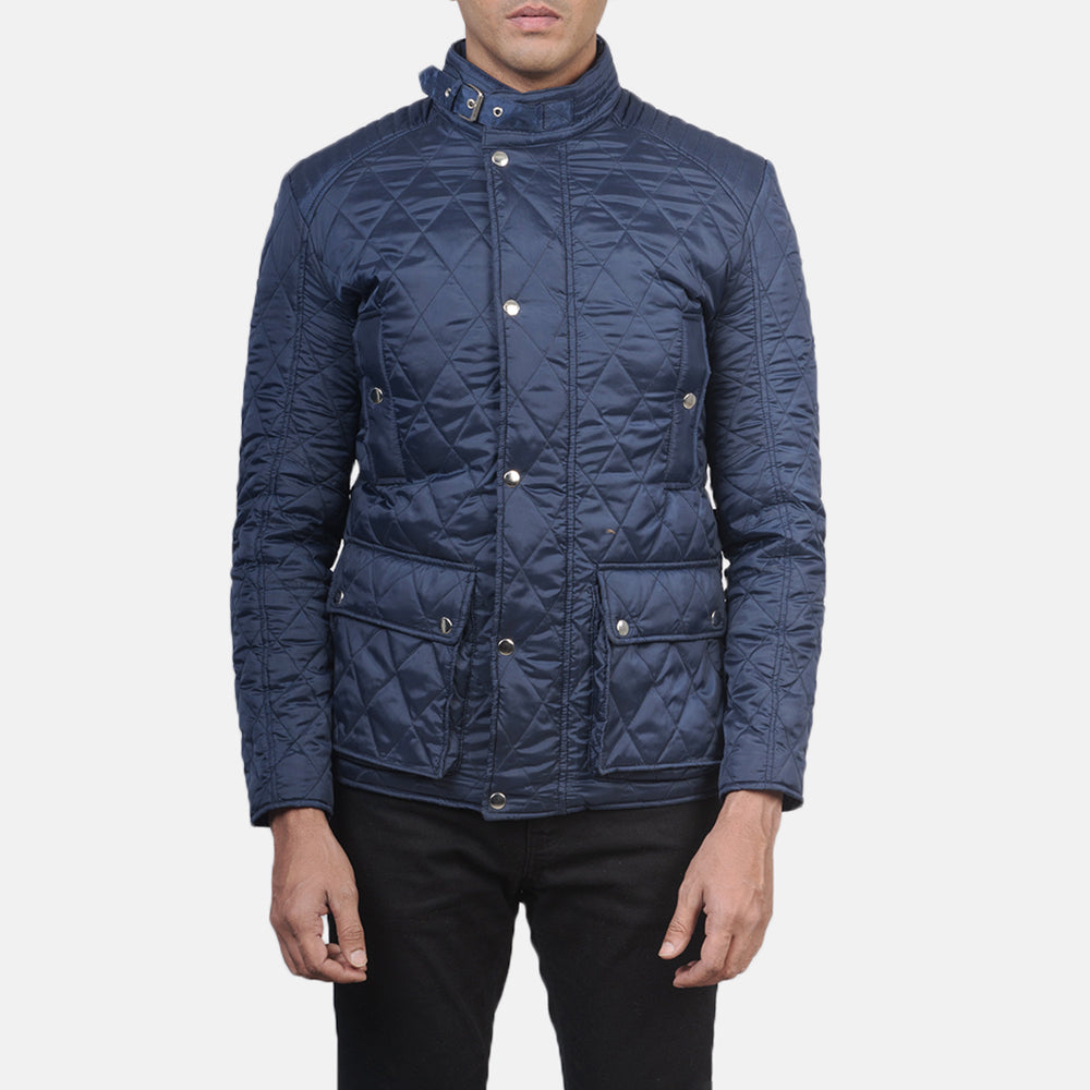Barry Quilted Blue Windbreaker Jacket - men's jacket in blue nylon-polyester fabric, view 3
